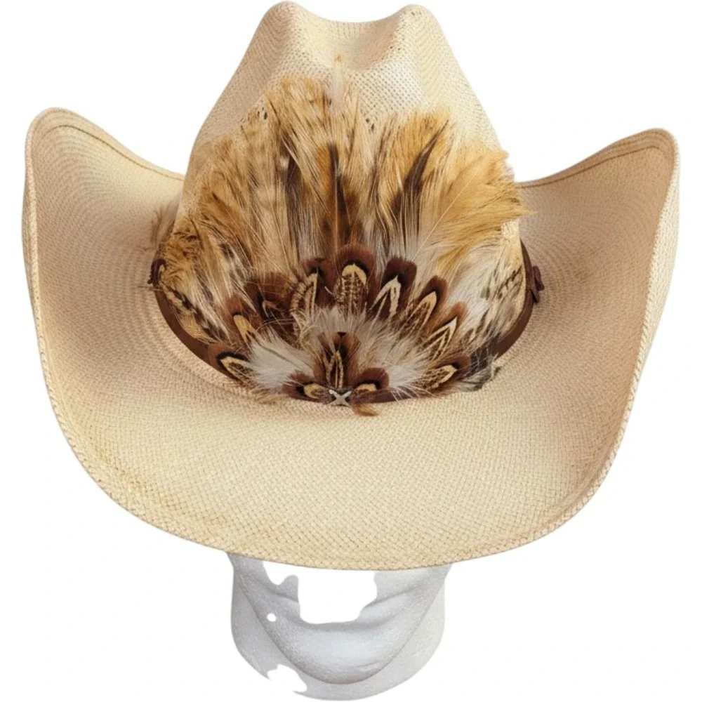 Stetson Roadrunner Vintage Straw Cowboy Hat Feather Band Bryantcote Finish Sz7